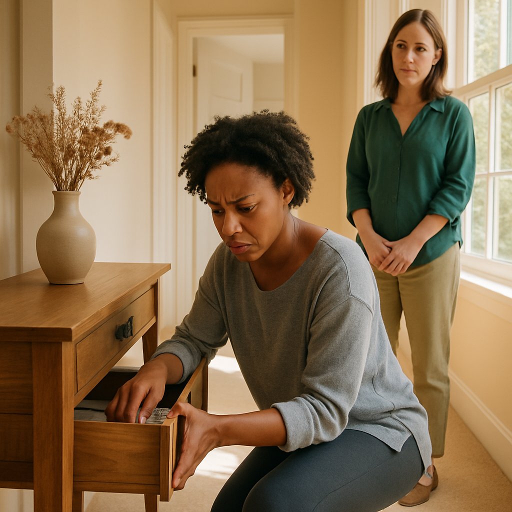 Woman searching hallway drawer with worried expression while nanny watches silently nearby.