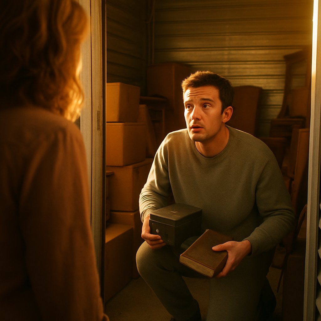 Man crouching in a storage unit holding a locked box and notebook, looking surprised.
