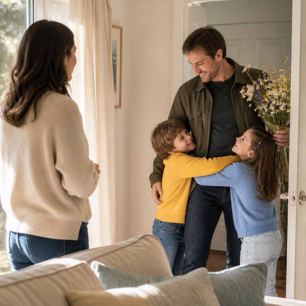Man returns with flowers, kids hug him, woman watches cautiously.