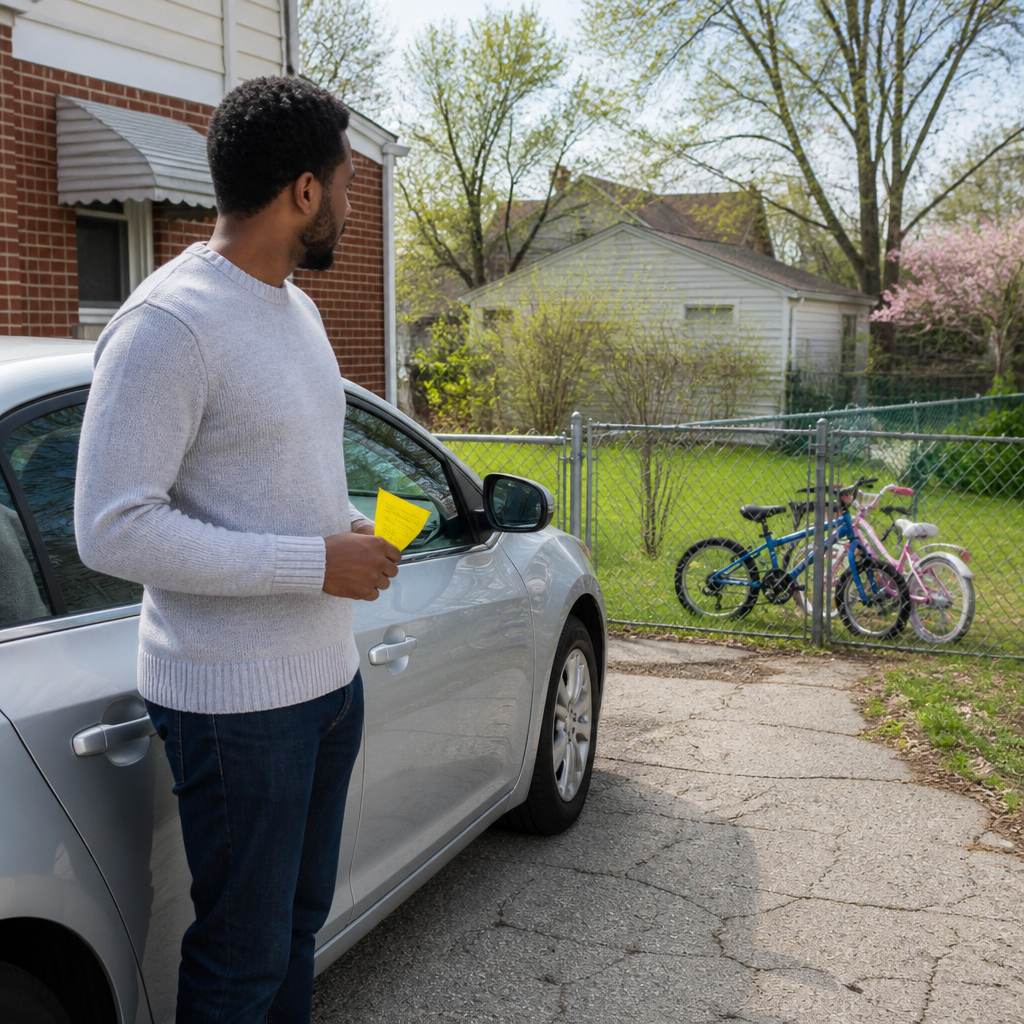 Man examining tow warning on car windshield in suburban driveway with bikes and fence nearby