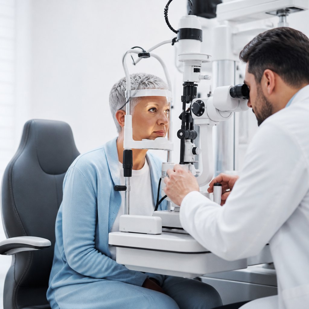 Woman undergoing eye exam, doctor adjusting diagnostic machine