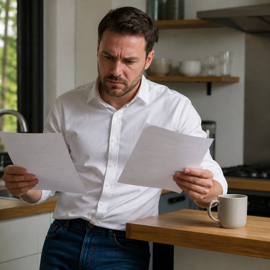 Man comparing two legal documents with a guarded look in a modest kitchen.