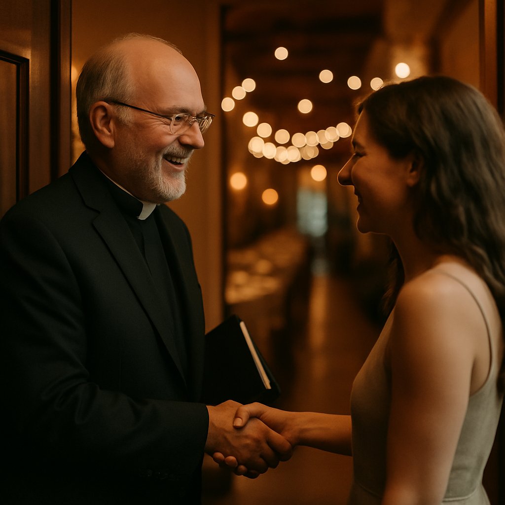 Officiant talking to bride’s sister in bright room