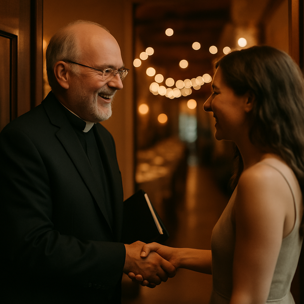 Officiant talking to bride’s sister in bright room