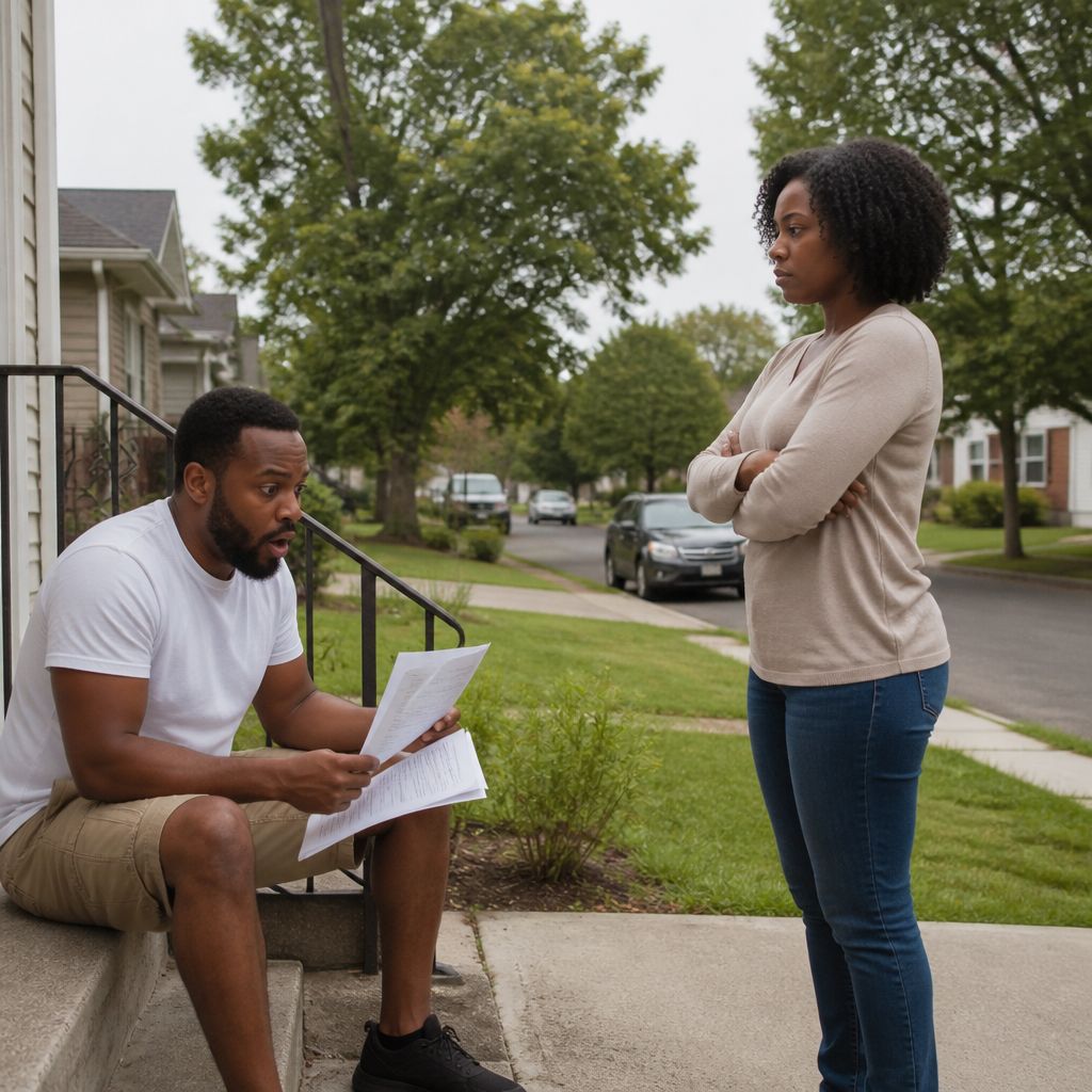 Man sitting on front steps holding court papers, looking shocked.