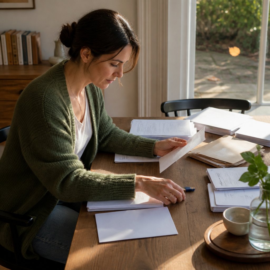 Woman arranging evidence papers on a dining table with sunlight and falling leaf outside.