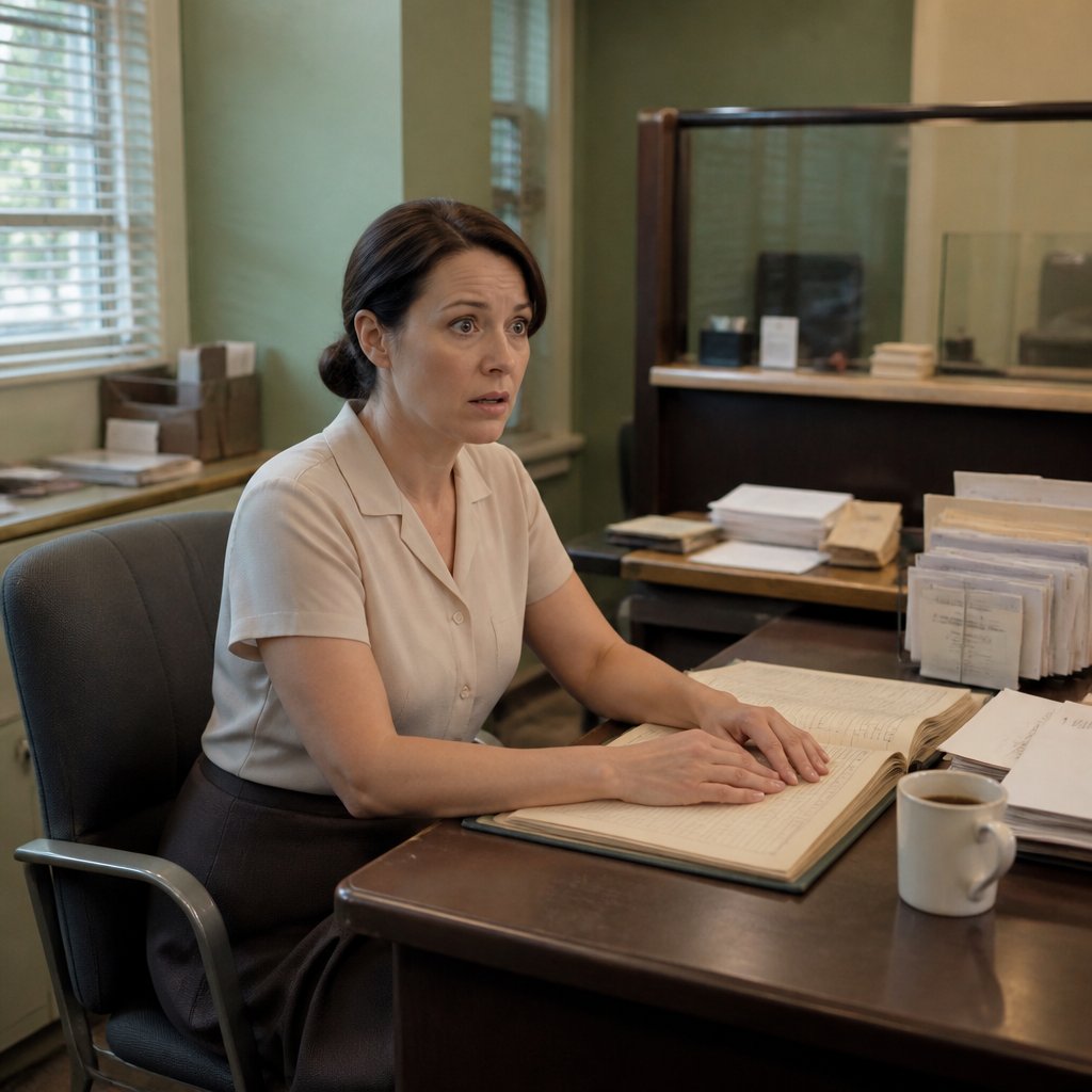 An older bank employee looking pale and startled while discussing an off-book inheritance arrangement in a small bank office.