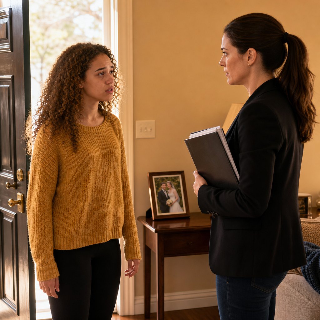 Iris and Maren face each other tensely in the entryway, a folder clenched between them.