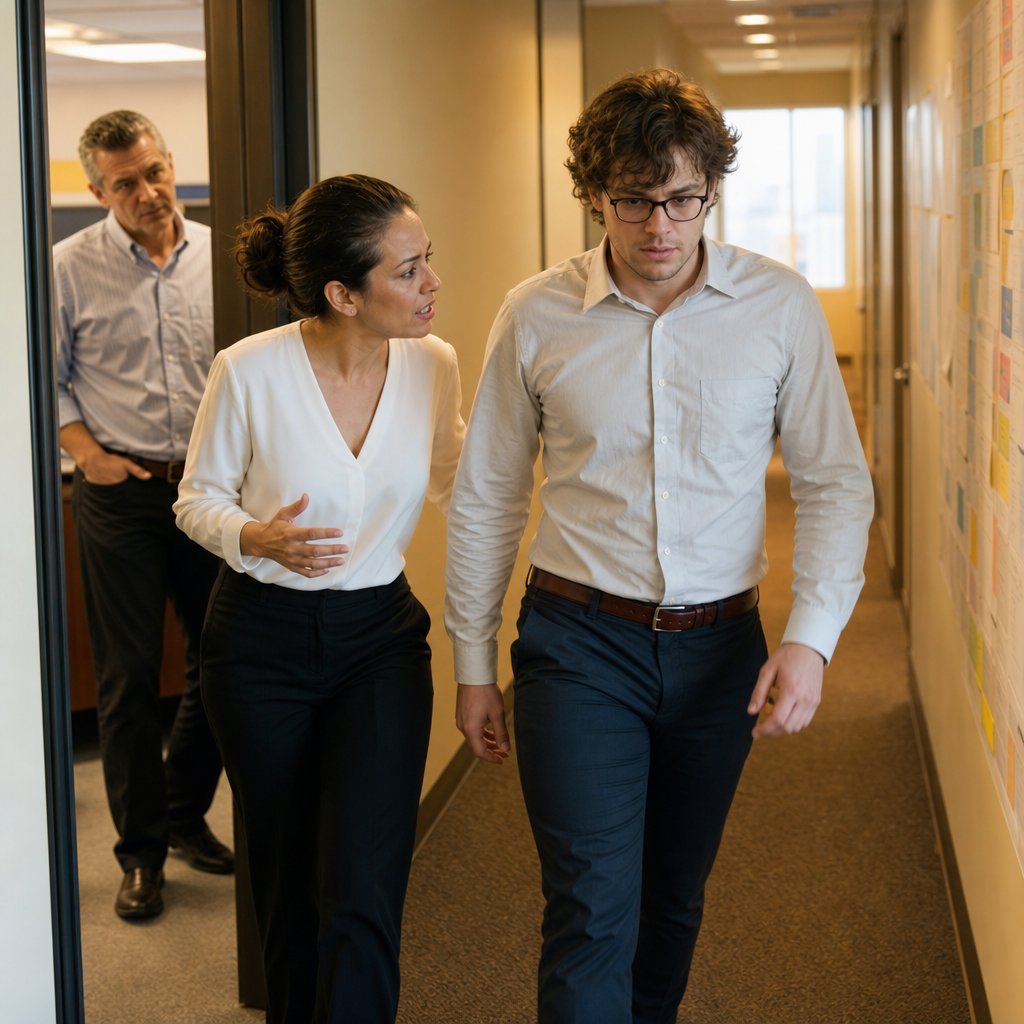 The narrator hurries down an executive hallway as an assistant whispers that an emergency board meeting has been called.