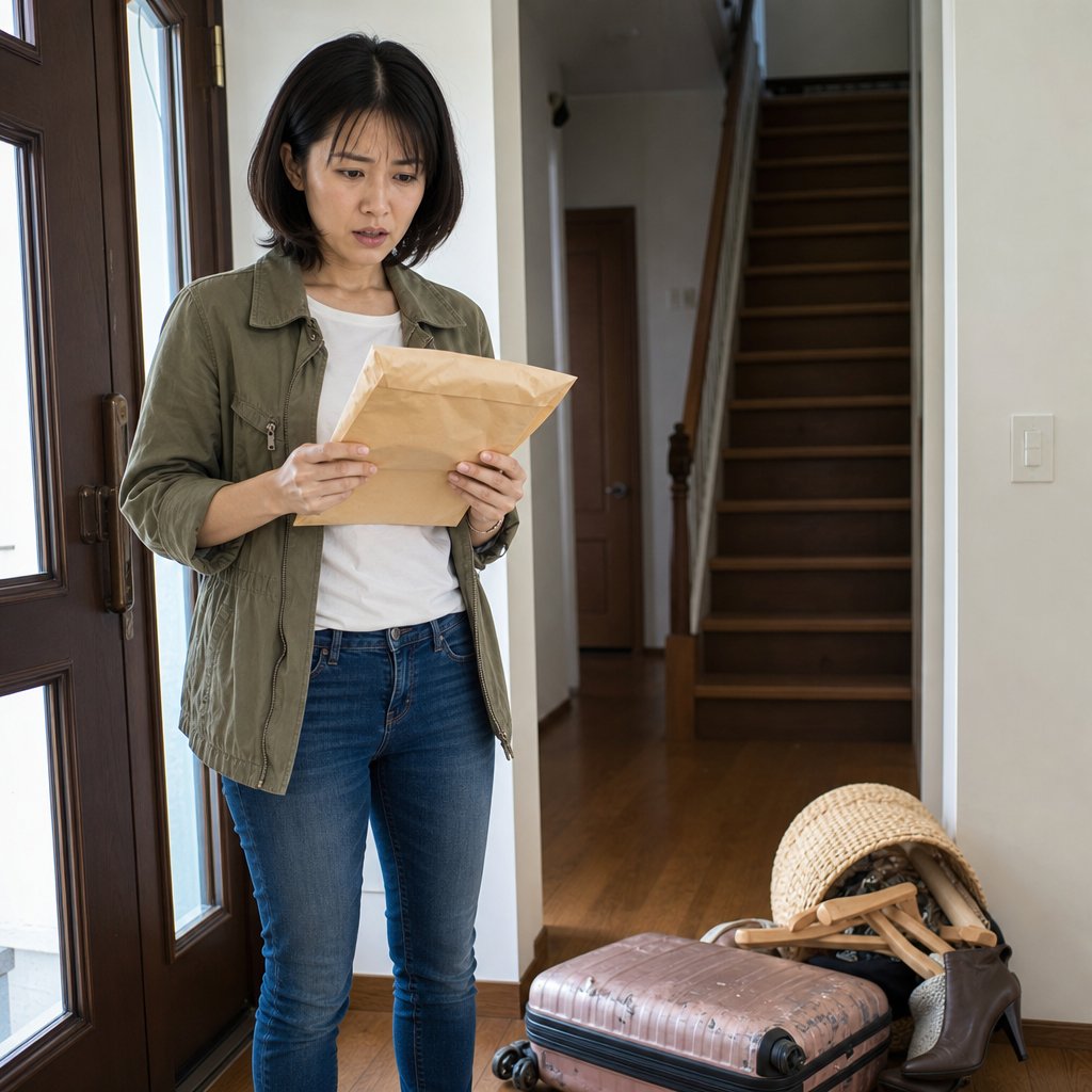In the entryway, I hold a thick envelope in shock beside Maren’s piled belongings and the staircase behind me.