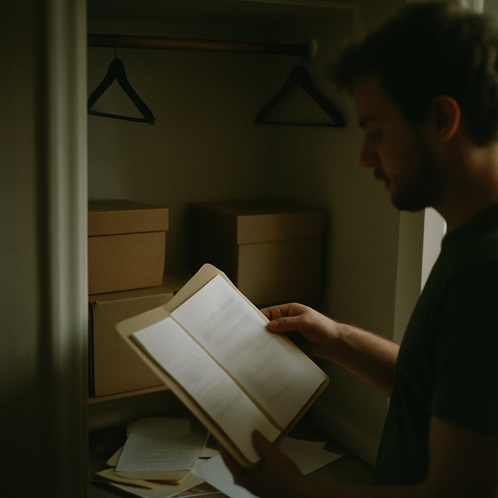 Open folder with blurred loan papers in a dimly lit cluttered closet
