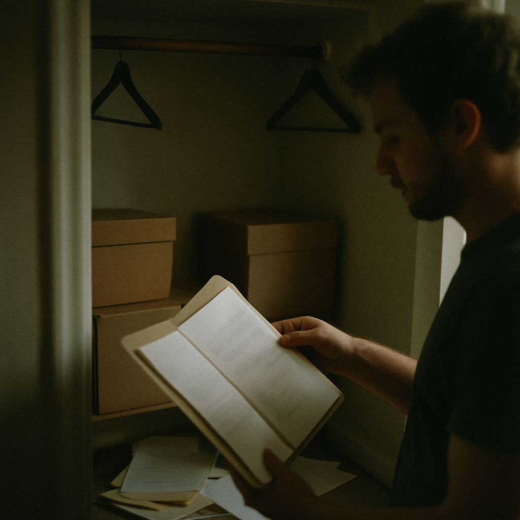 Open folder with blurred loan papers in a dimly lit cluttered closet