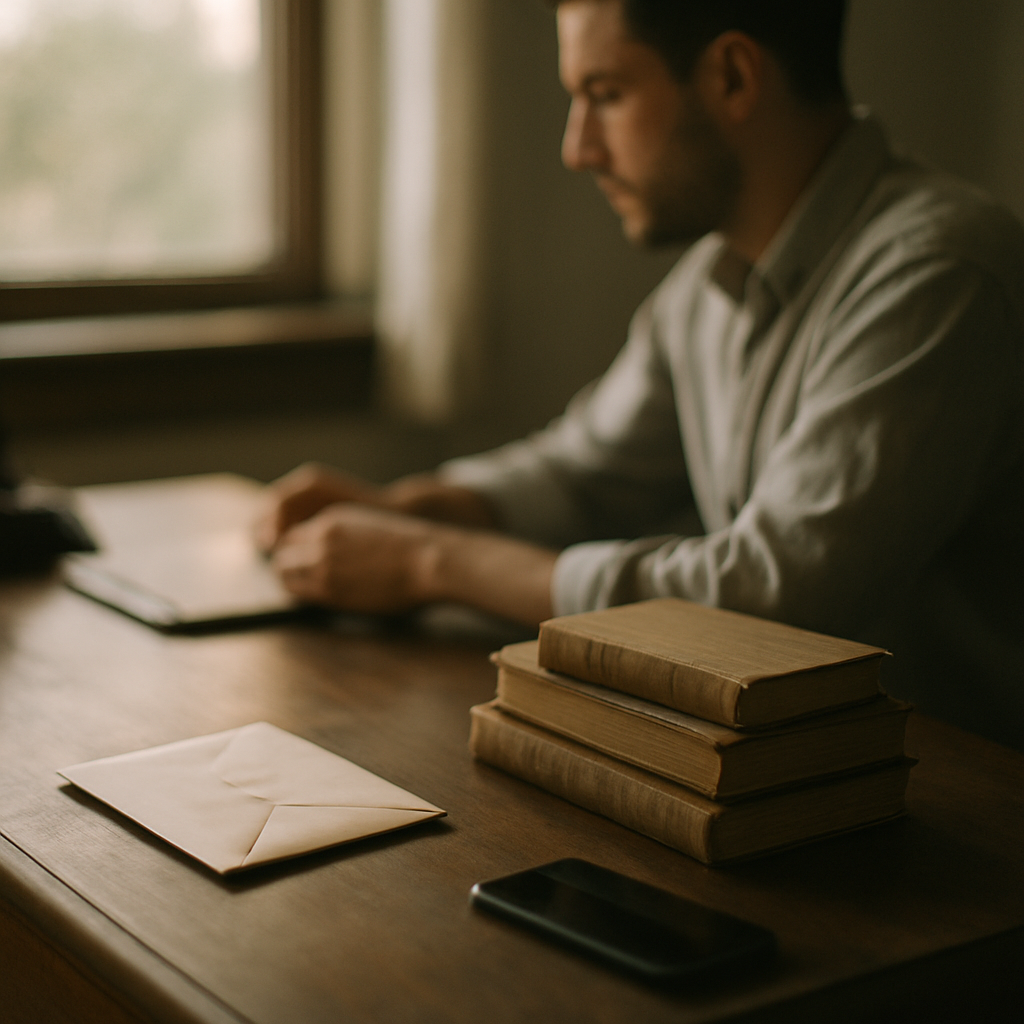 Office desk with blurred envelope, books, and smartphone lying face down in soft light