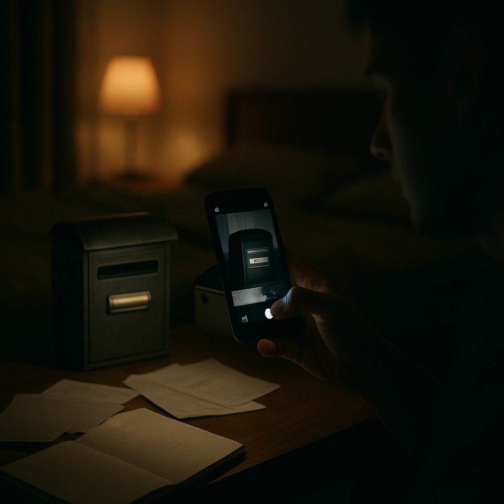 A dark room with a phone’s screen lighting a hand taking a photo, papers and notebook visible.