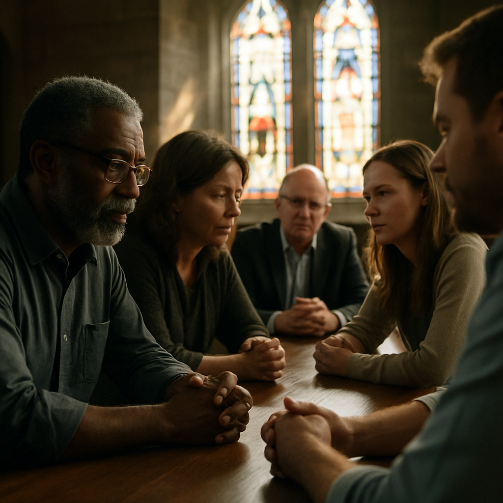 Church committee in sunlight discussing estate matters.