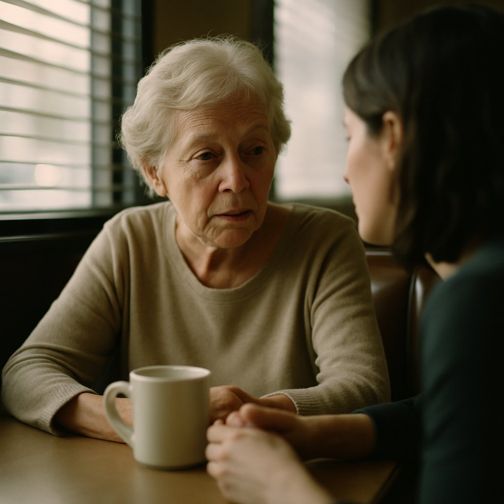 Two women talking quietly in diner booth, natural light through blinds.