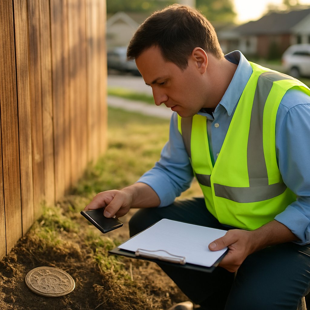 City inspector photographing buried easement marker near unpermitted fence in suburban yard.