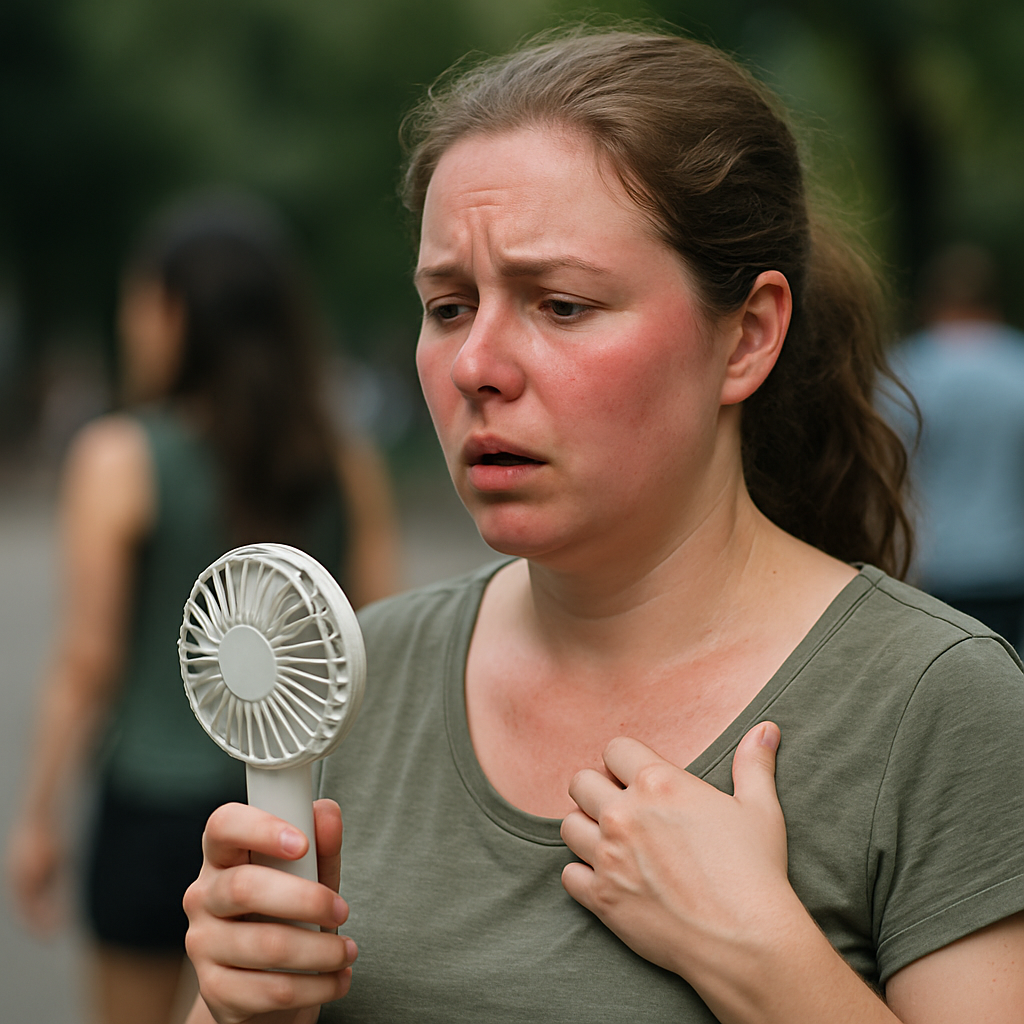 Woman outside using a small personal fan looking flushed.