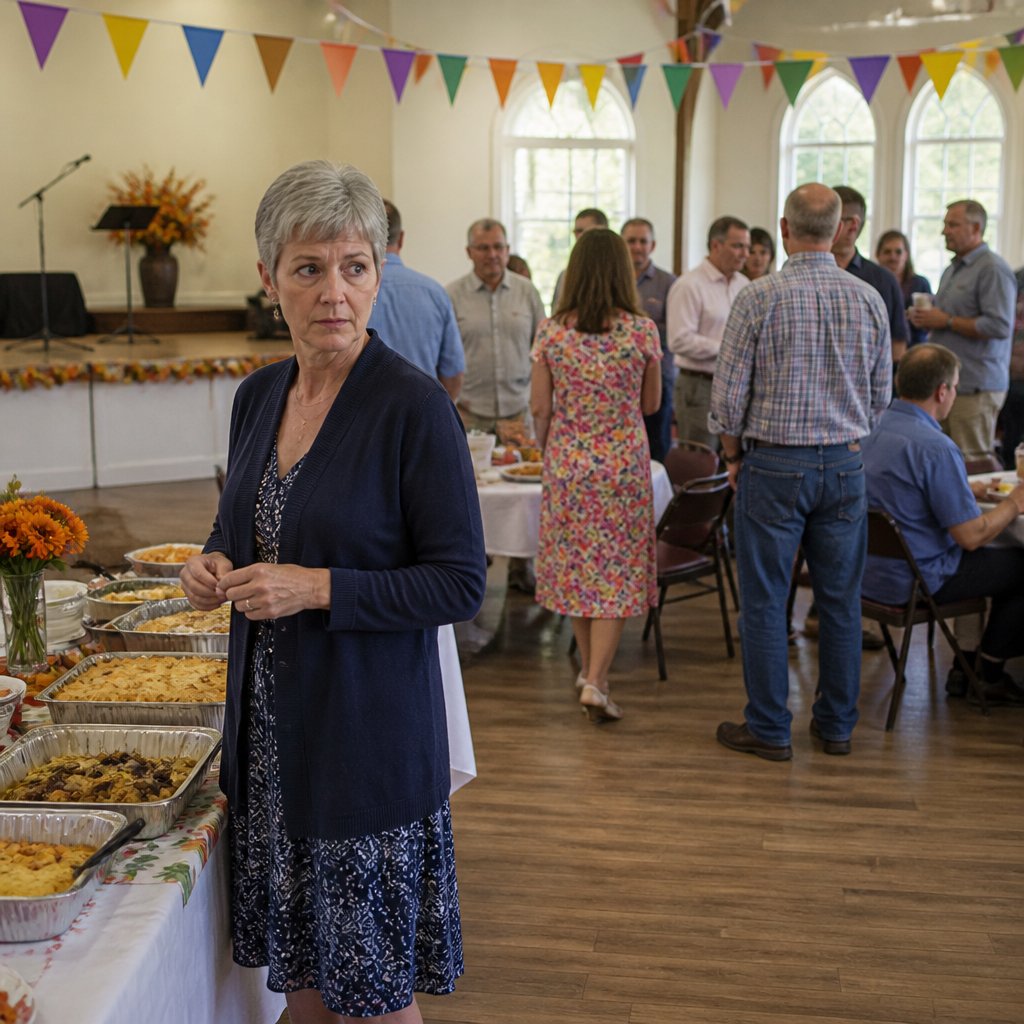 Woman in navy cardigan at church fundraiser, looking anxiously toward empty microphone on stage.