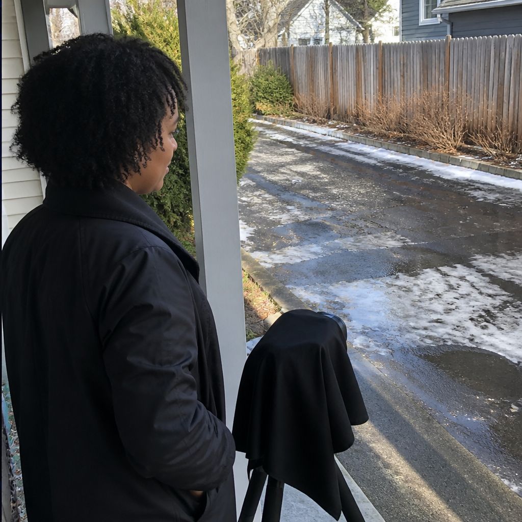 Man observing iced driveway with blocked security camera in a suburban yard