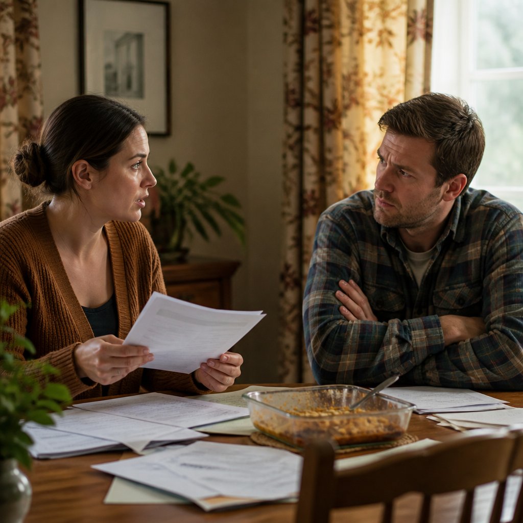 A woman holding legal papers and a man looking skeptical at a cluttered kitchen table, in a warm, everyday kitchen setting.