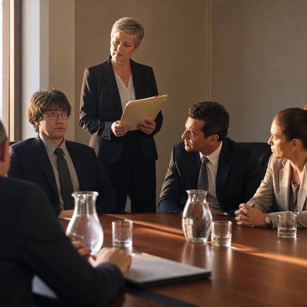 In a tense boardroom, the investigator presents evidence as Graham turns to glare at the narrator.