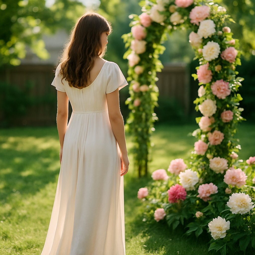 Woman in ivory dress near flower arch outdoors