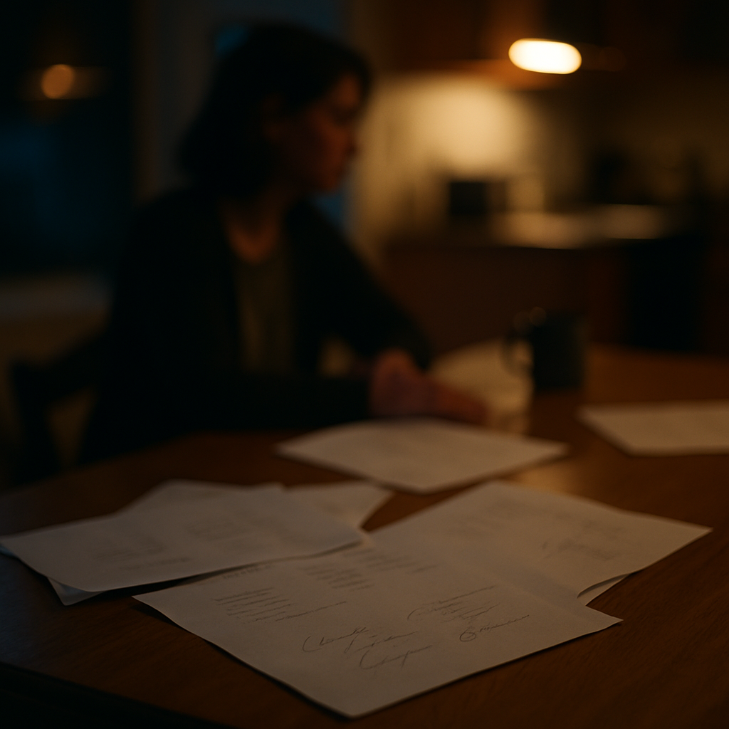Papers with faint forged signatures on a kitchen table under soft evening light