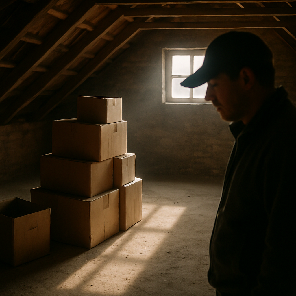 Dusty attic with some packed boxes and empty space lit by soft daylight