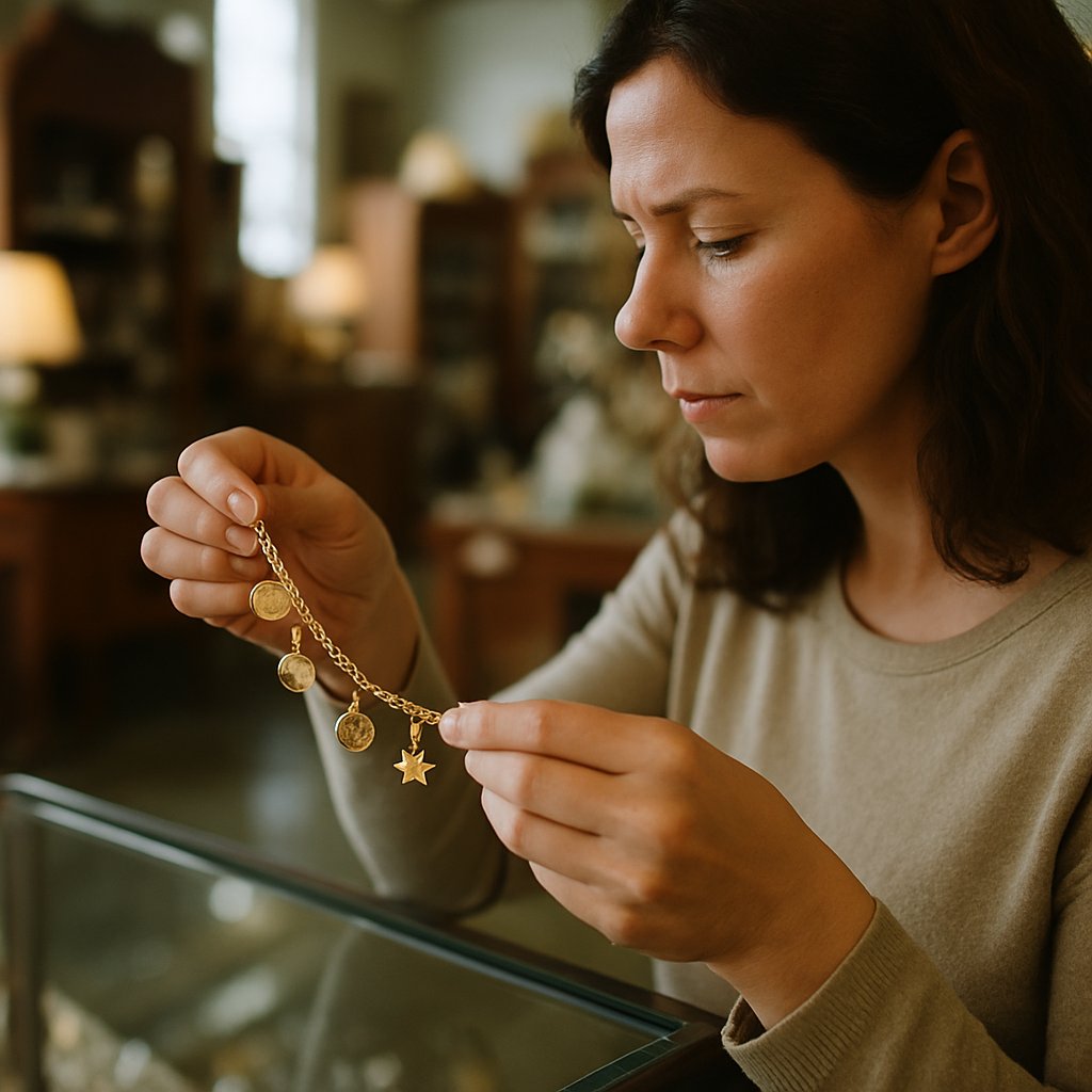 Woman examining a gold charm bracelet at an antique mall display.