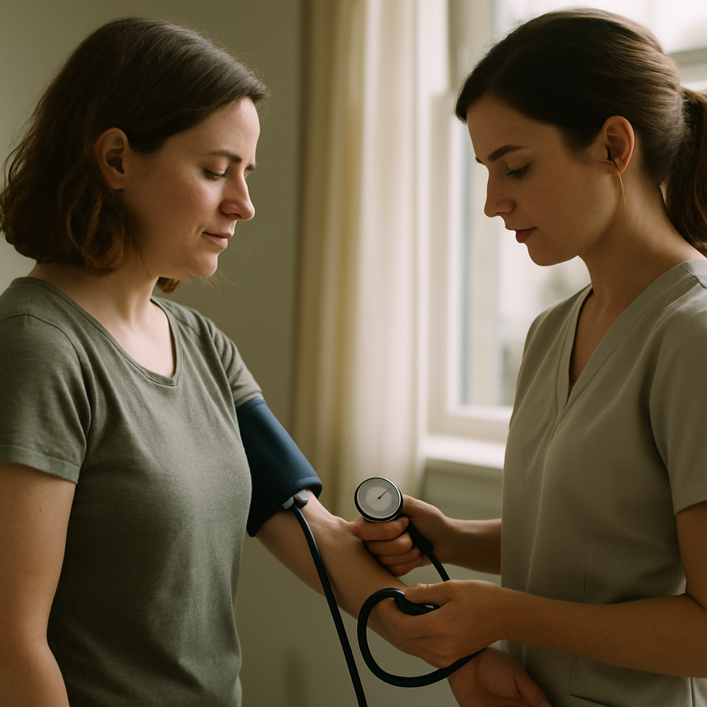 Nurse taking standing blood pressure of a woman in a clinic.