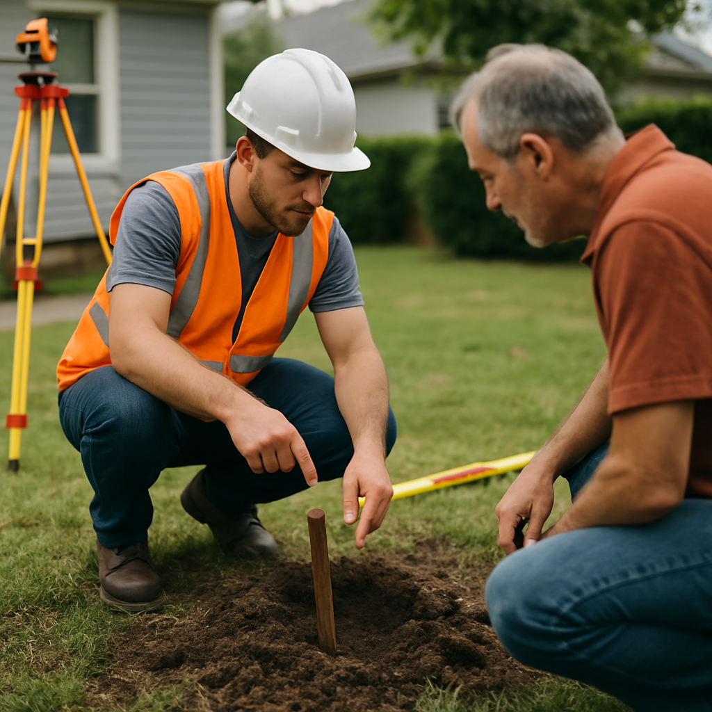 Surveyor pointing out displaced property pin in yard to concerned homeowner during daytime