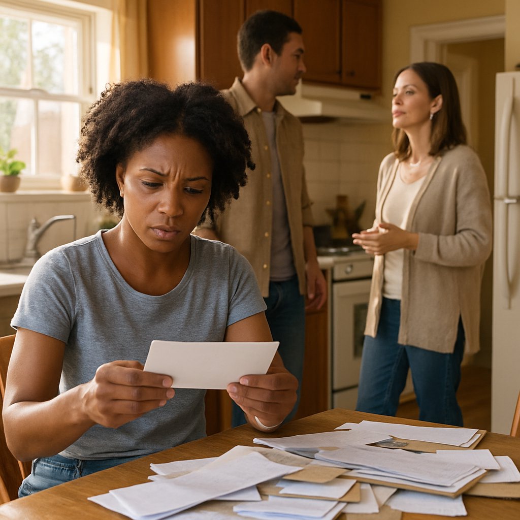 Woman looking confused over mail at kitchen table while husband listens to nanny speaking calmly.