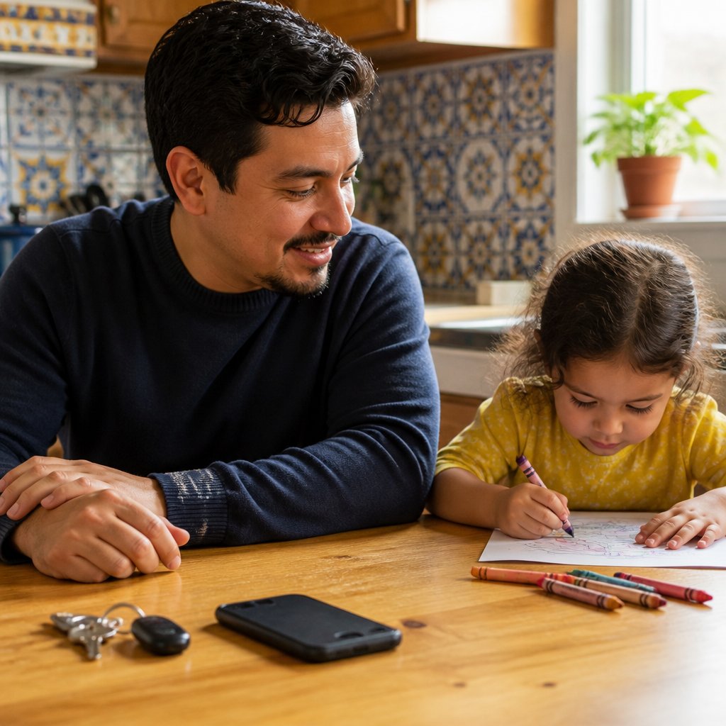 Latino man and young girl at kitchen table with new keys and crayons.