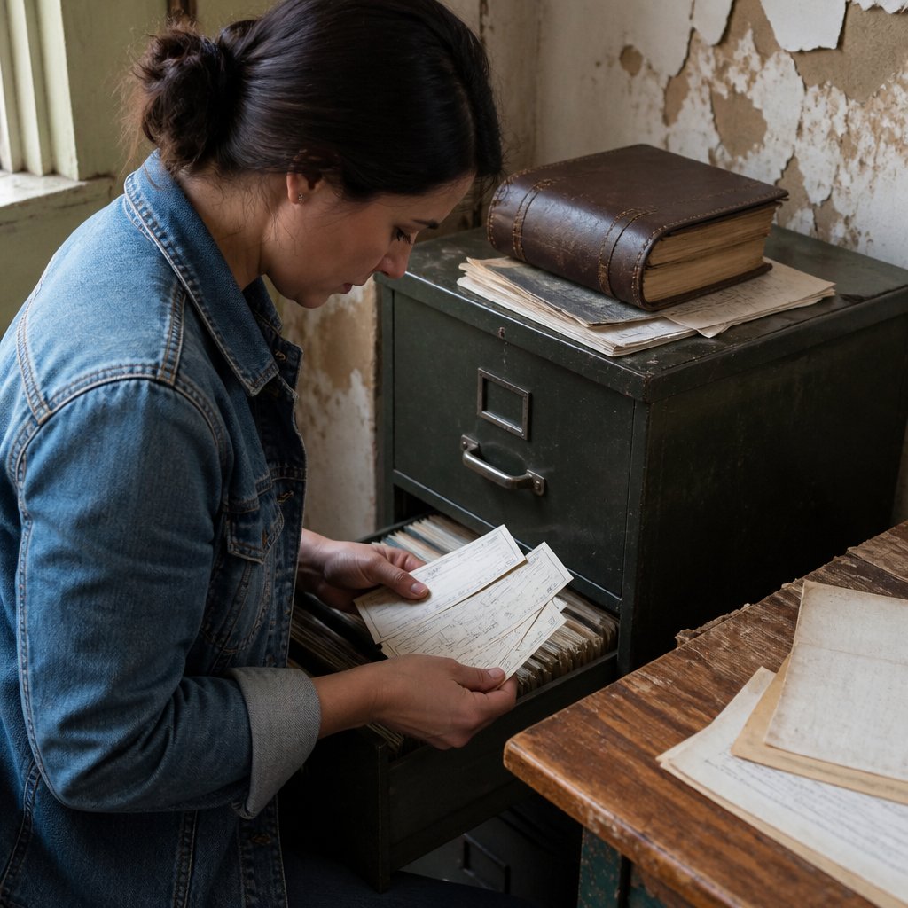 A hand retrieving faded canceled checks from an old filing cabinet in a dusty office, suggesting discovery of secret financial dealings.
