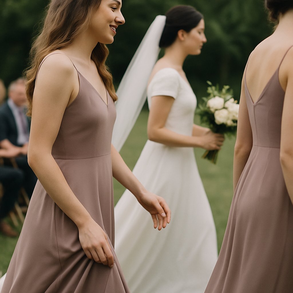 Wedding processional with two women, one stepping ahead
