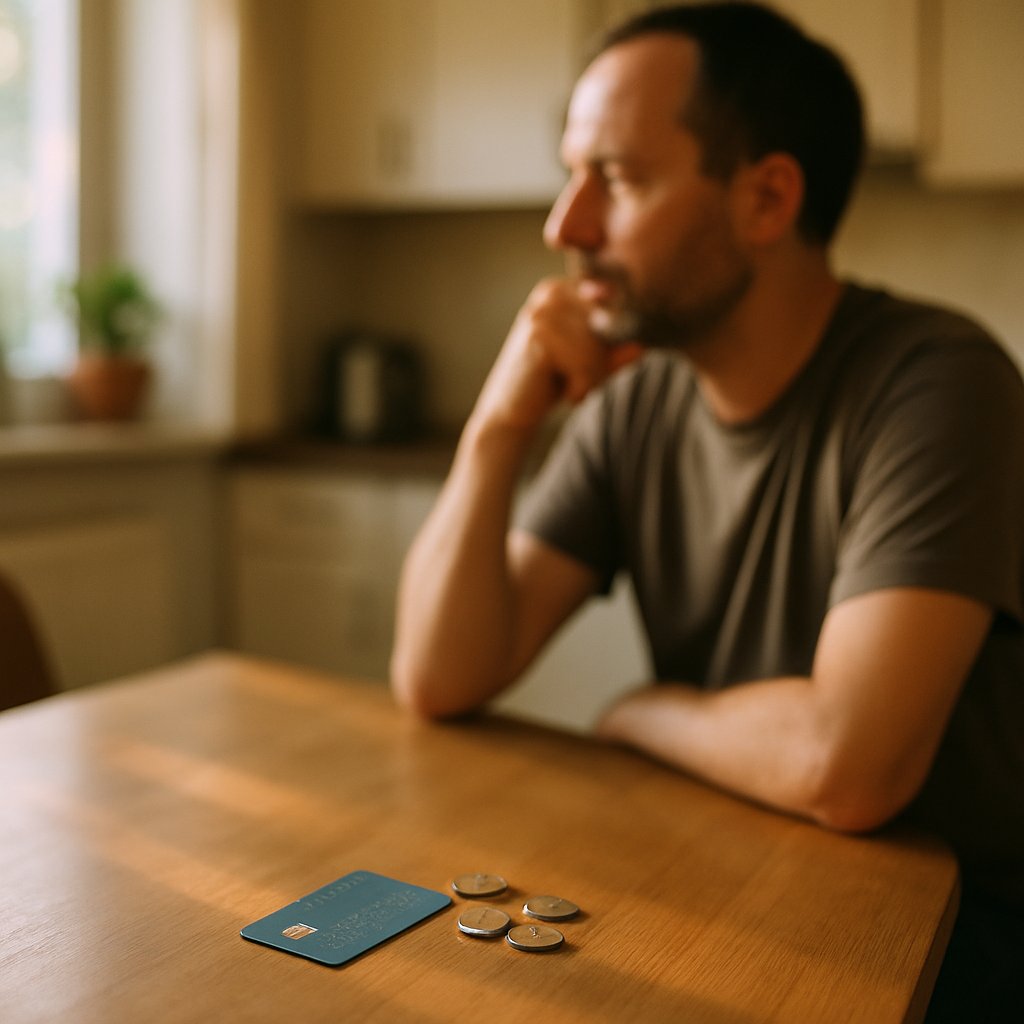 Kitchen table with bank card and coins in foreground, blurred man sitting across in afternoon light