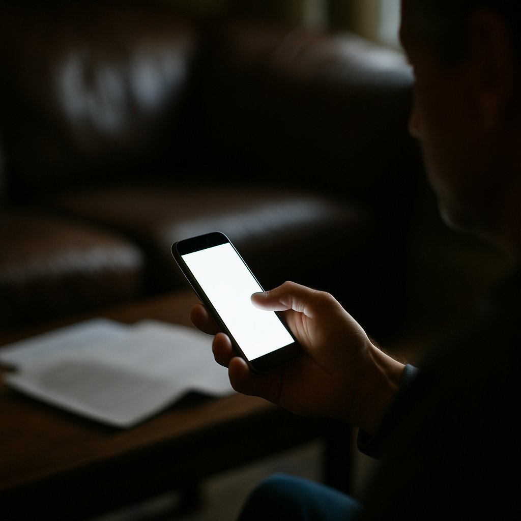 Phone glowing in a dim living room with blurred papers nearby