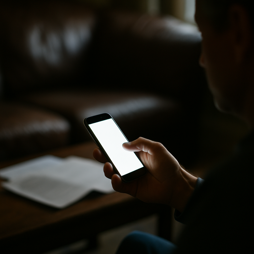 Phone glowing in a dim living room with blurred papers nearby