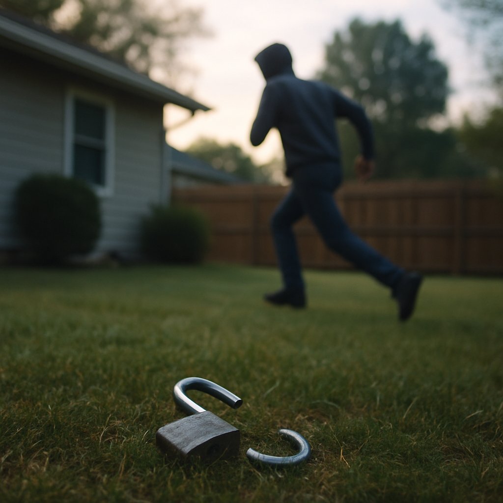 Broken padlock on grass with a hooded figure fleeing in the background, early morning light in suburban yard