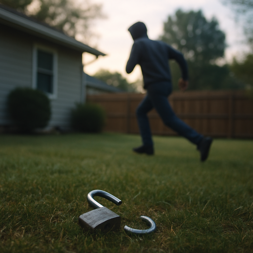 Broken padlock on grass with a hooded figure fleeing in the background, early morning light in suburban yard