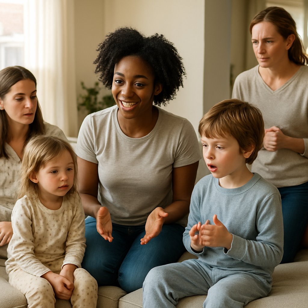 Nanny confidently talking with children in living room while mother watches anxiously.