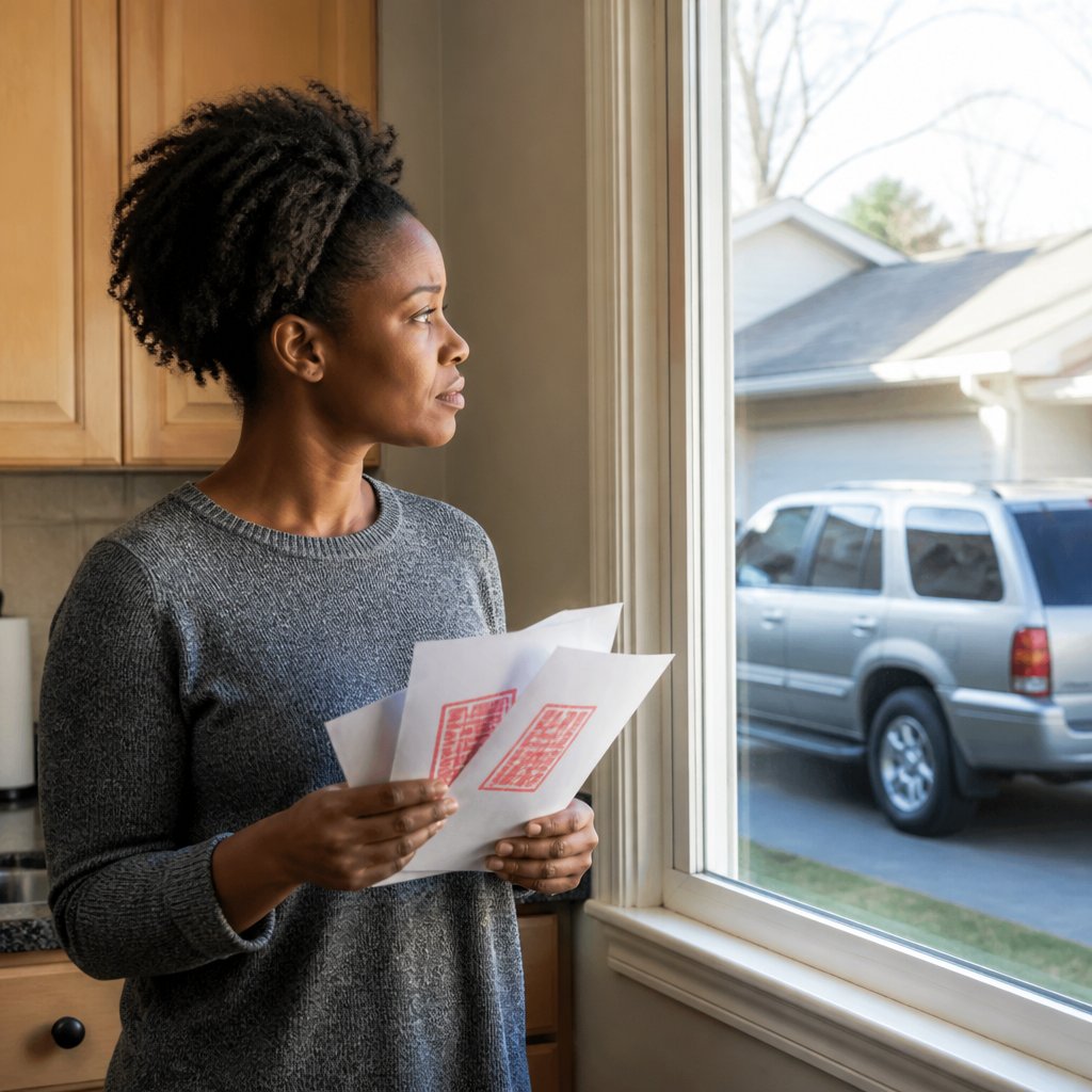 Man holding HOA fines in kitchen staring out window at SUV blocking driveway