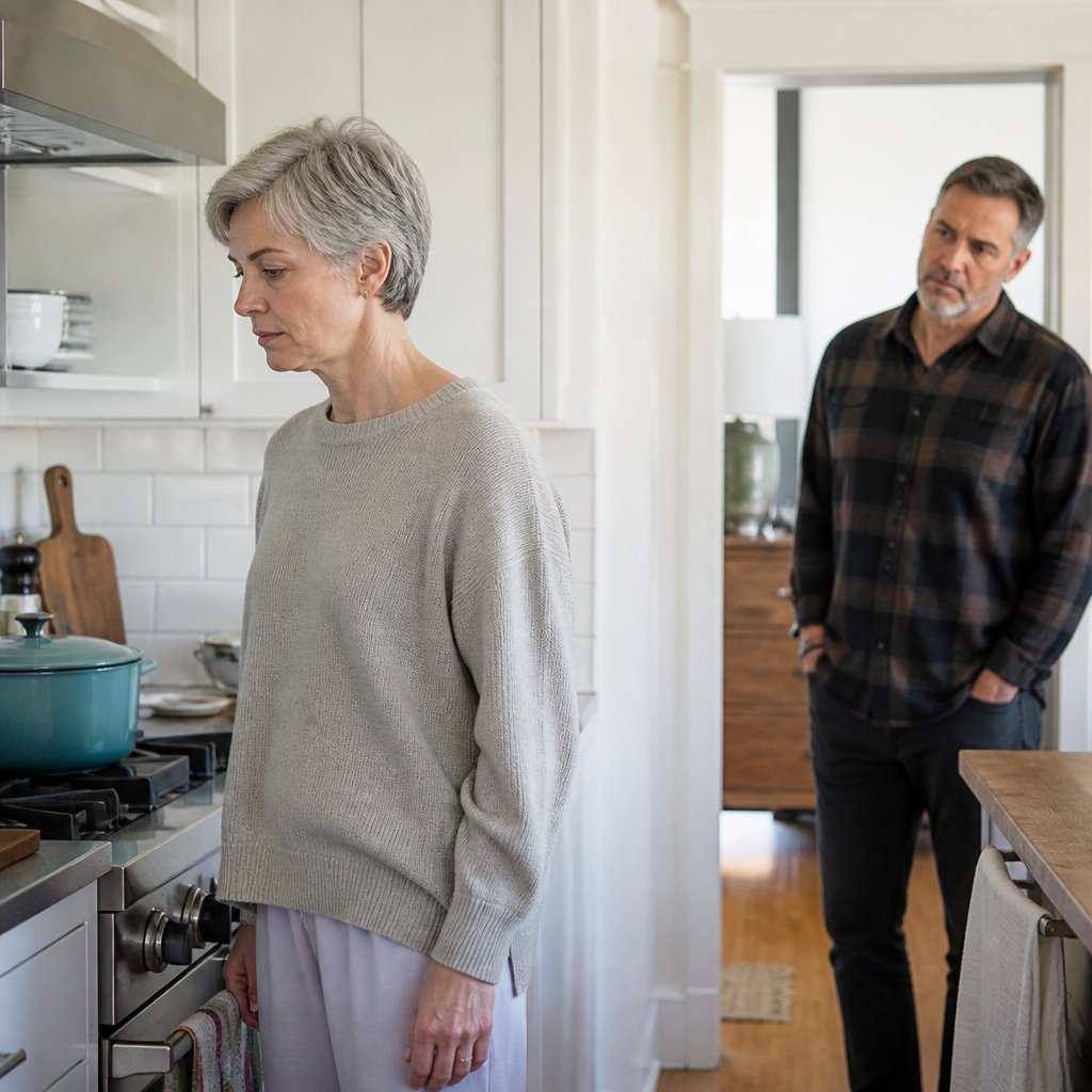 Woman confused in kitchen, husband watching worriedly