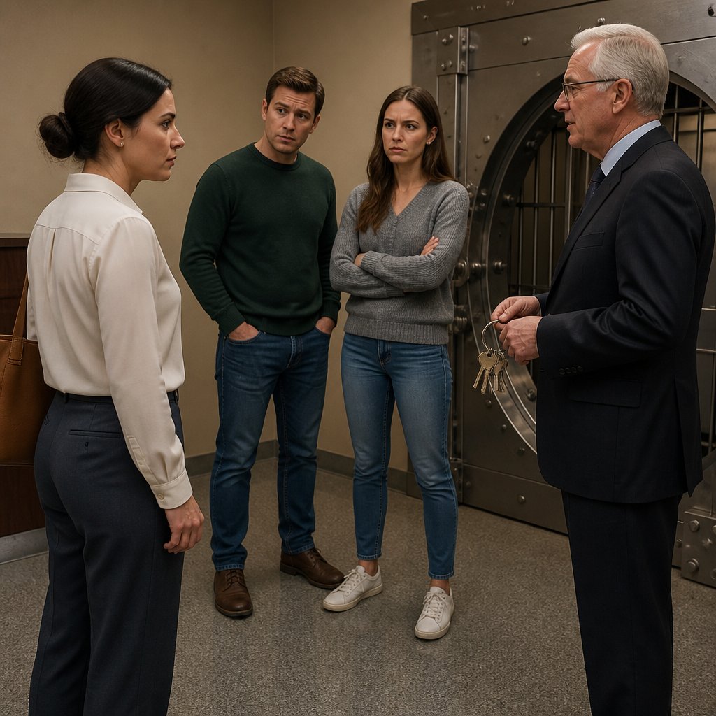 Three siblings stand tensely in a small bank vault lobby, waiting to open a safe-deposit box under an employee’s supervision.