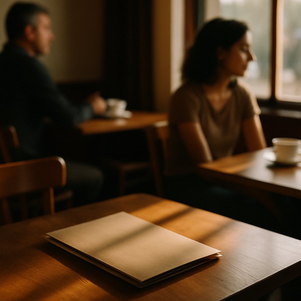 Folder of papers on cafe table in warm sunlight, partially visible hands nearby