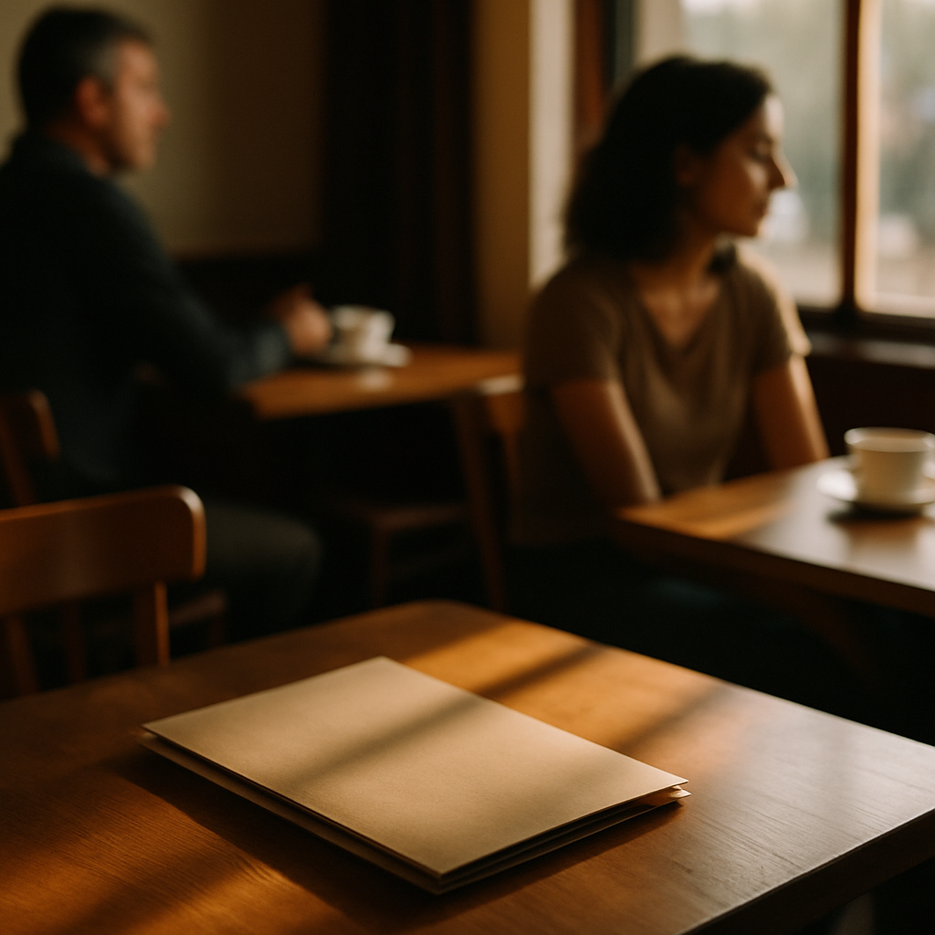 Folder of papers on cafe table in warm sunlight, partially visible hands nearby
