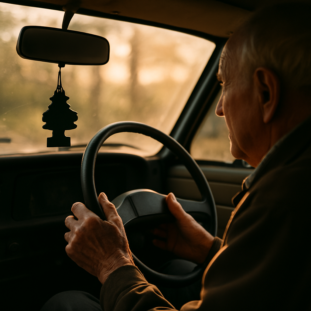 Man’s trembling hands on steering wheel inside car during late afternoon