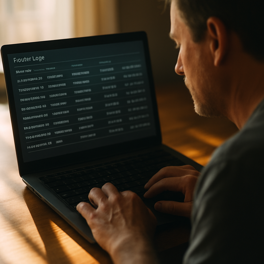 Close-up of router logs on screen with suspicious network activity, fingers poised over keyboard in soft light