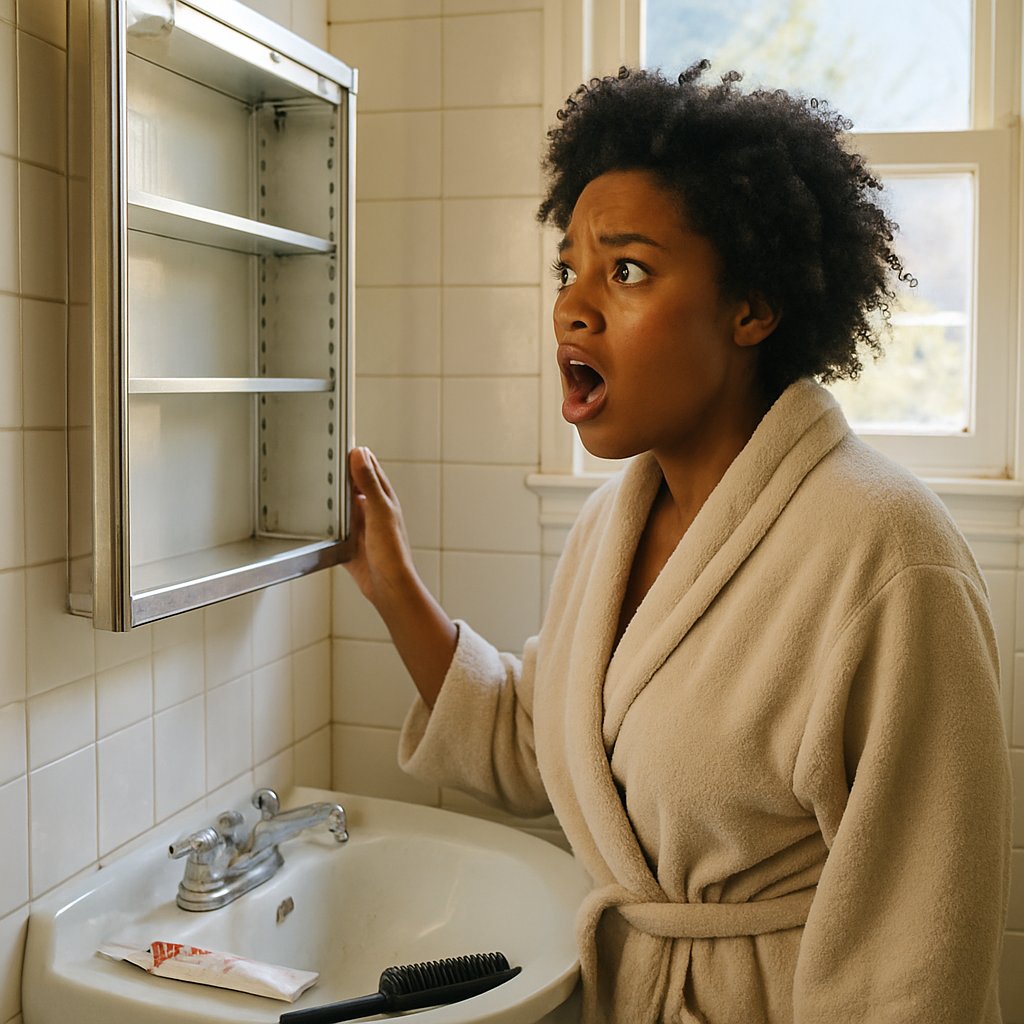 Woman in bathrobe looking shocked at empty medicine cabinet shelf.